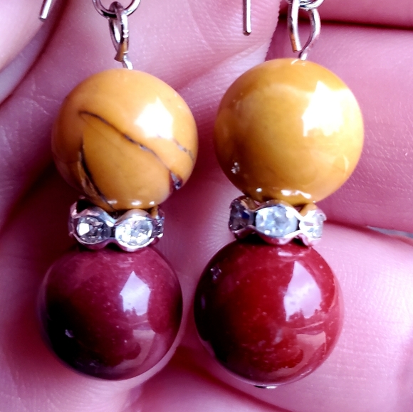 New Mookaite Jasper Round Ball & Rhinestone Earrings. - Picture 10 of 12